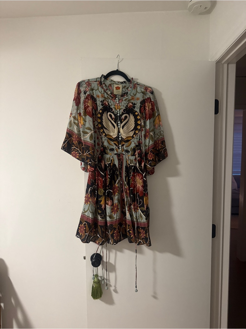 Farm Rio Swan Print Mini Dress in Light Blue - Picture 4 of 5